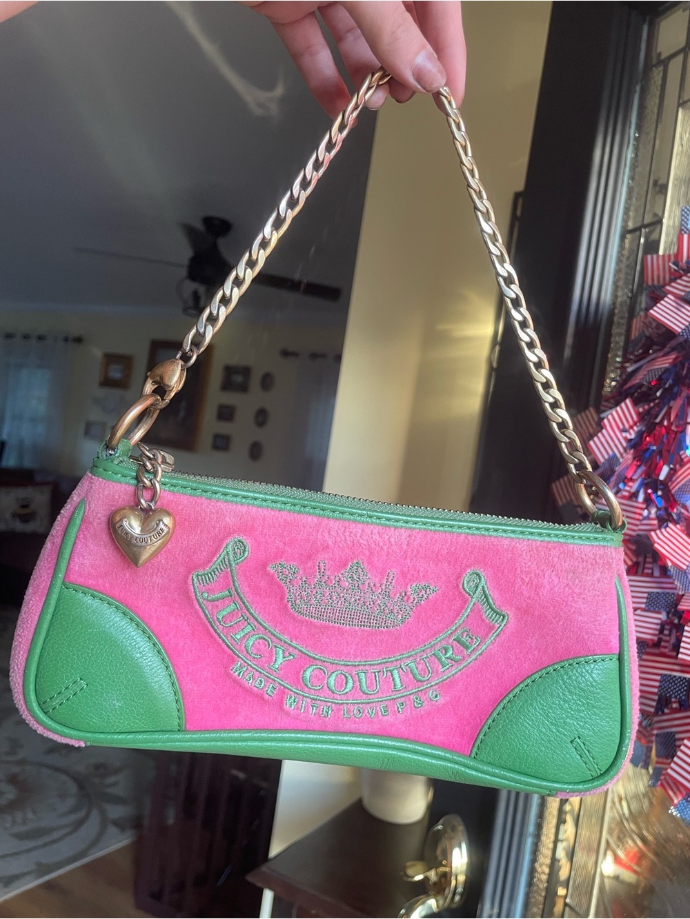 Juicy couture vintage Y2K pink and green shoulder bag baguette love P&G